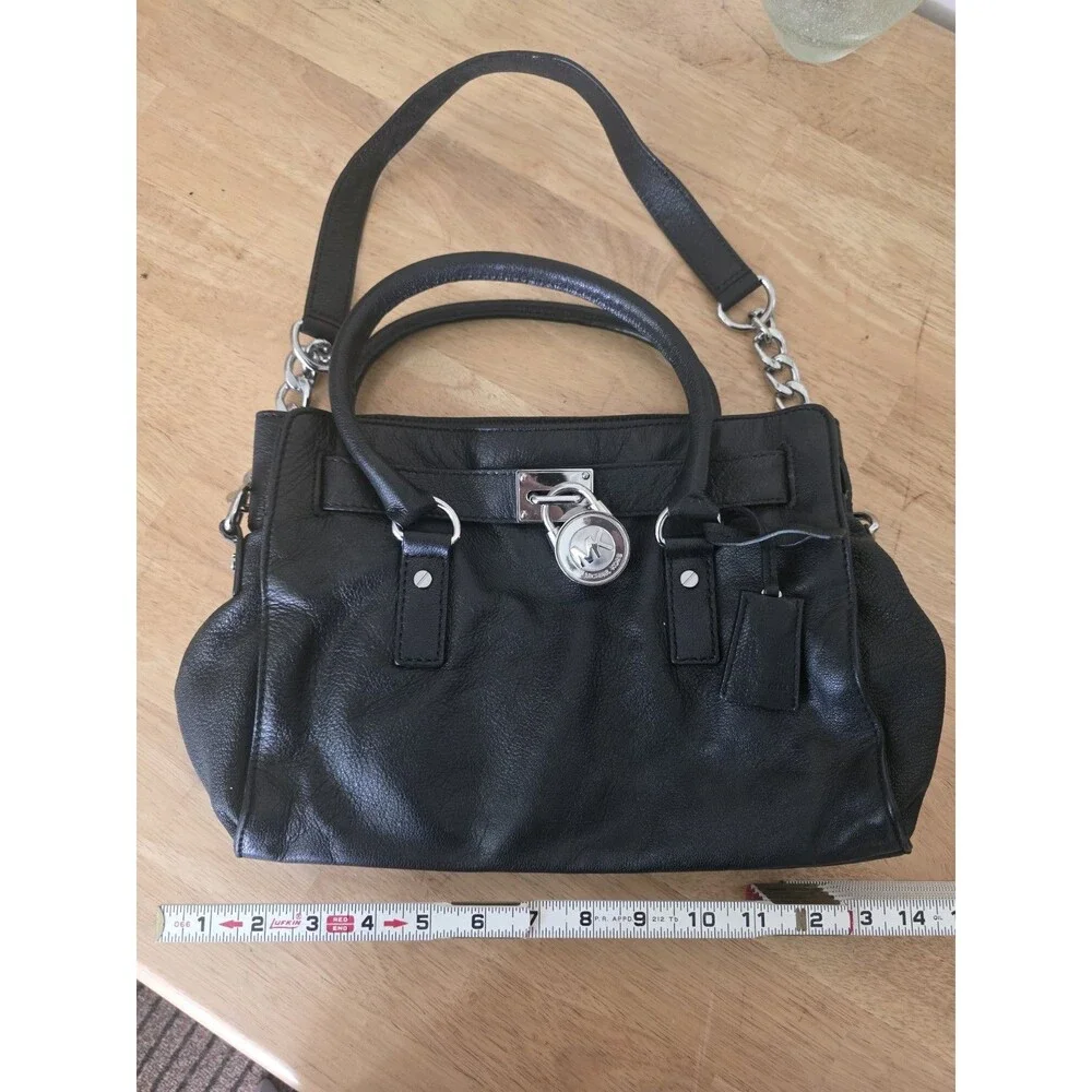 Michael Kors Black Satchel Top Handle Bag w/ Silver Lock, Chain Strap Leather